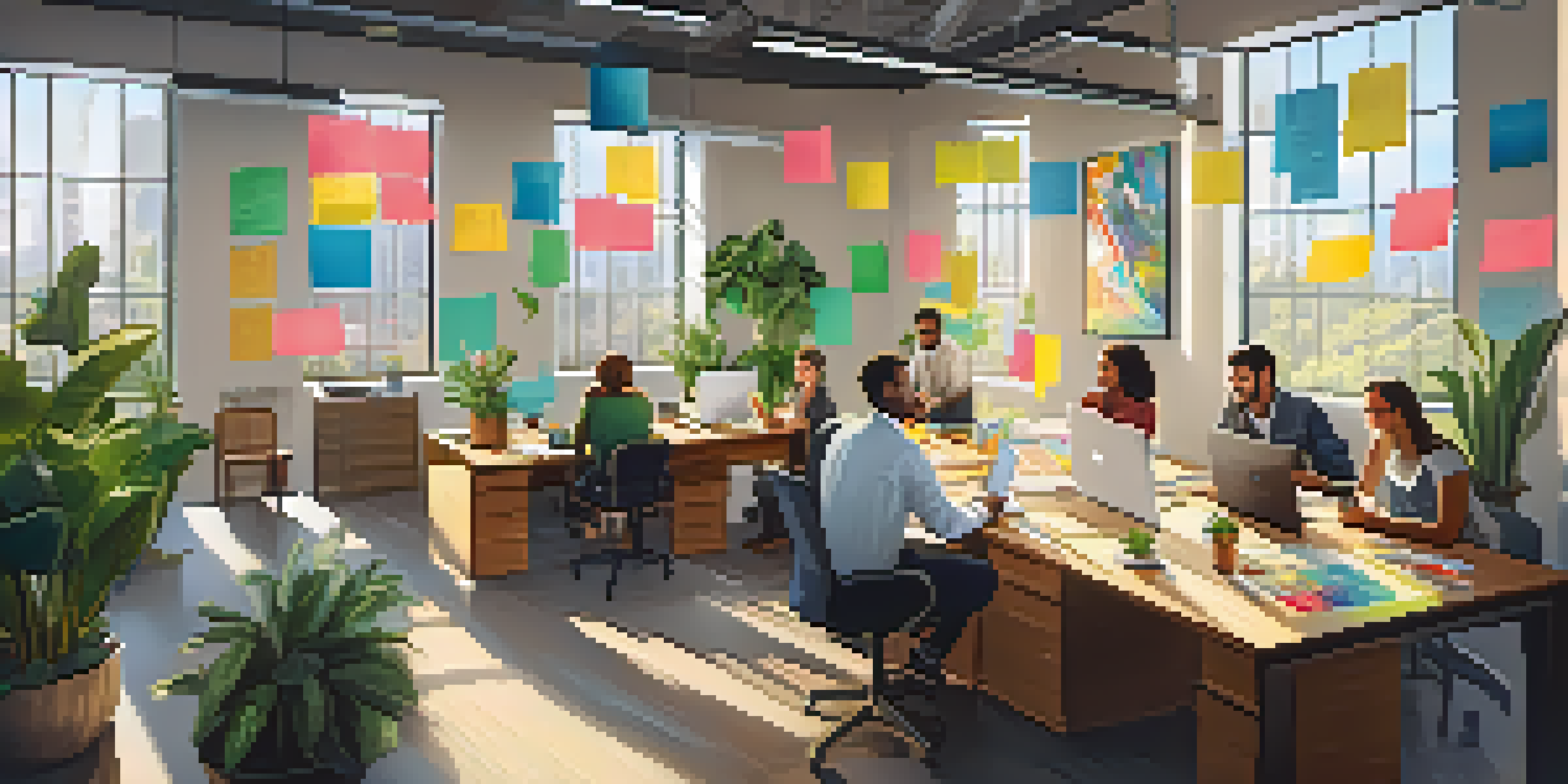 A group of diverse employees working together in a bright office space, surrounded by plants and artwork, collaborating on ideas with laptops and sticky notes.