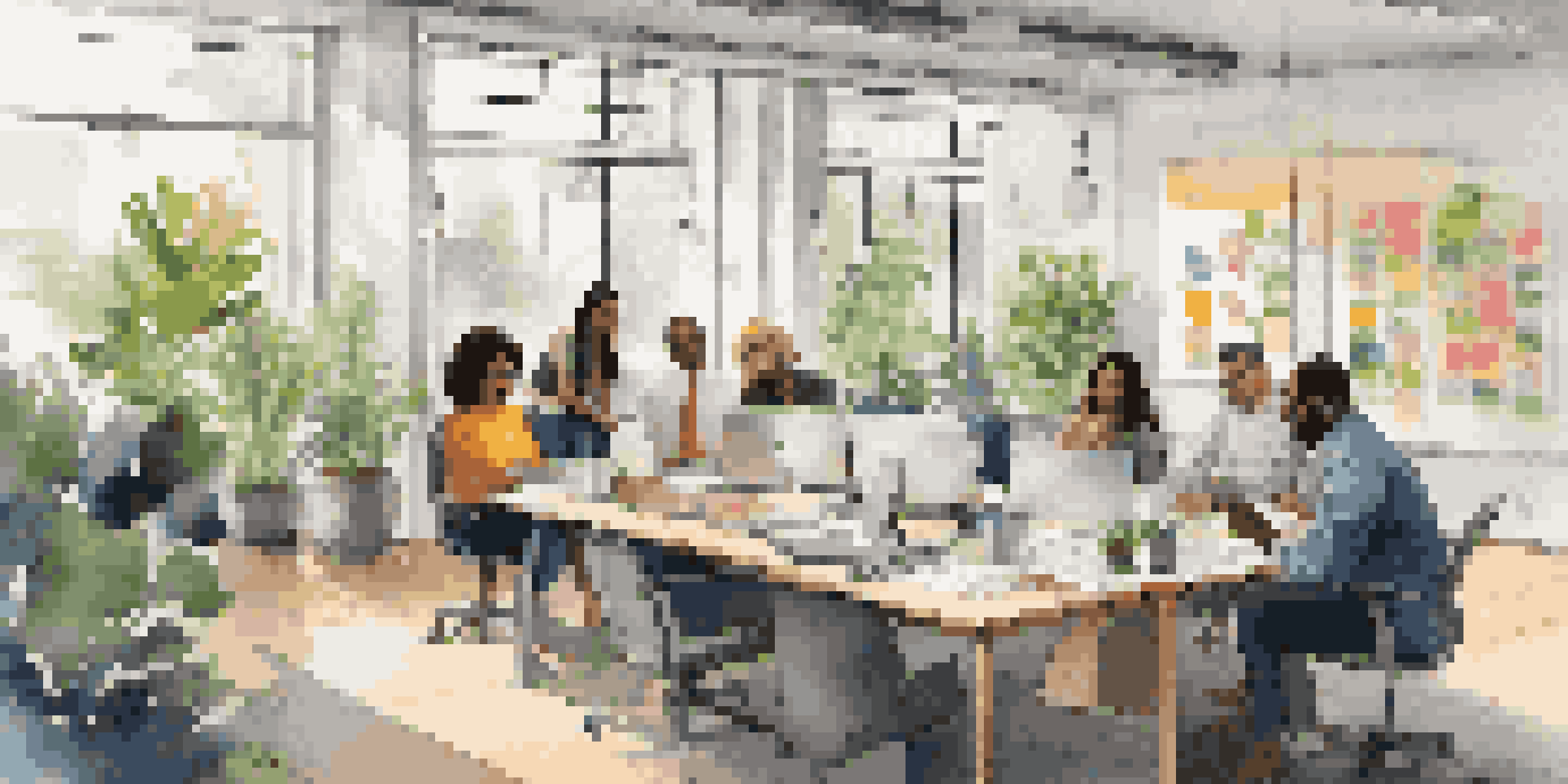 A diverse group of professionals collaborating in a bright office, surrounded by laptops and sticky notes.