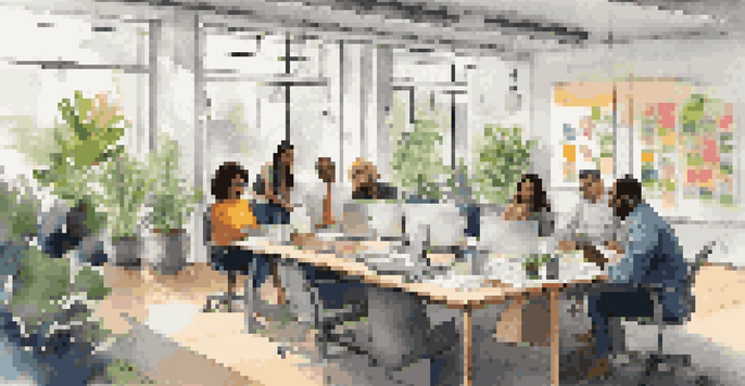 A diverse group of professionals collaborating in a bright office, surrounded by laptops and sticky notes.