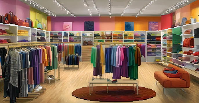 An interior view of a clothing store with sections for different customer segments, filled with colorful clothing and shoppers.
