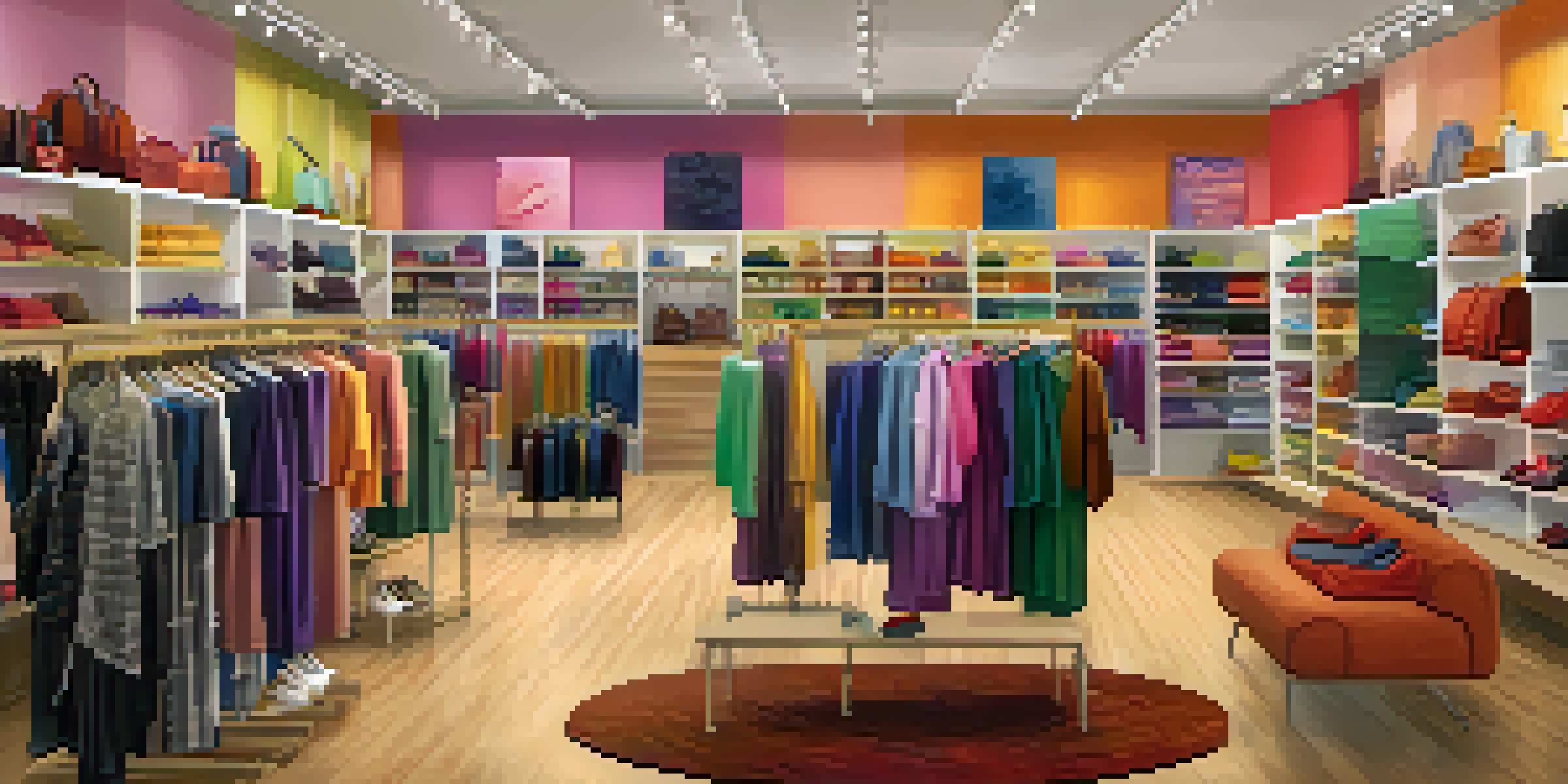 An interior view of a clothing store with sections for different customer segments, filled with colorful clothing and shoppers.