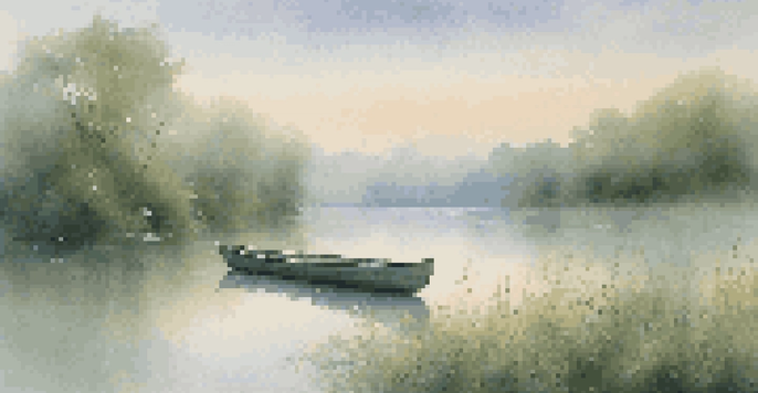 A peaceful river at dawn with mist, green banks, and a rowboat.