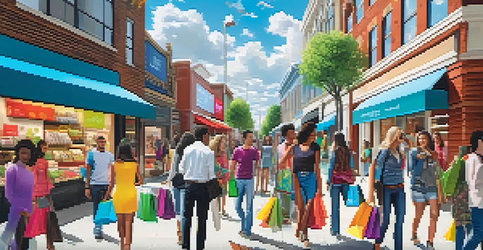 A vibrant urban shopping scene with diverse shoppers using mobile apps and engaging with store displays.