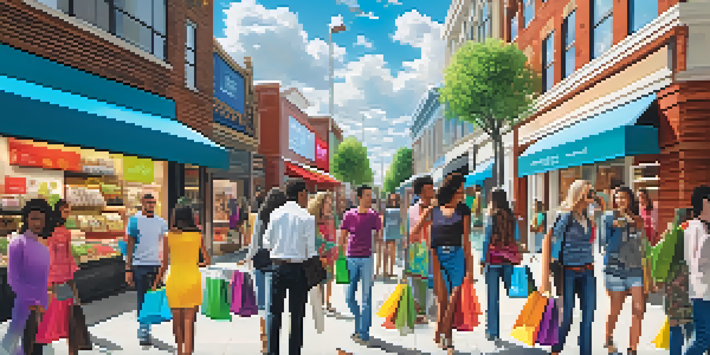 A vibrant urban shopping scene with diverse shoppers using mobile apps and engaging with store displays.
