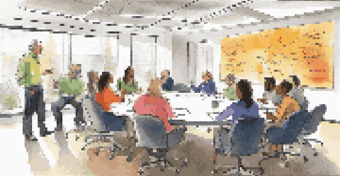 A diverse group of franchisees having an engaging discussion in a bright meeting room with a round table and motivational quotes on the walls.