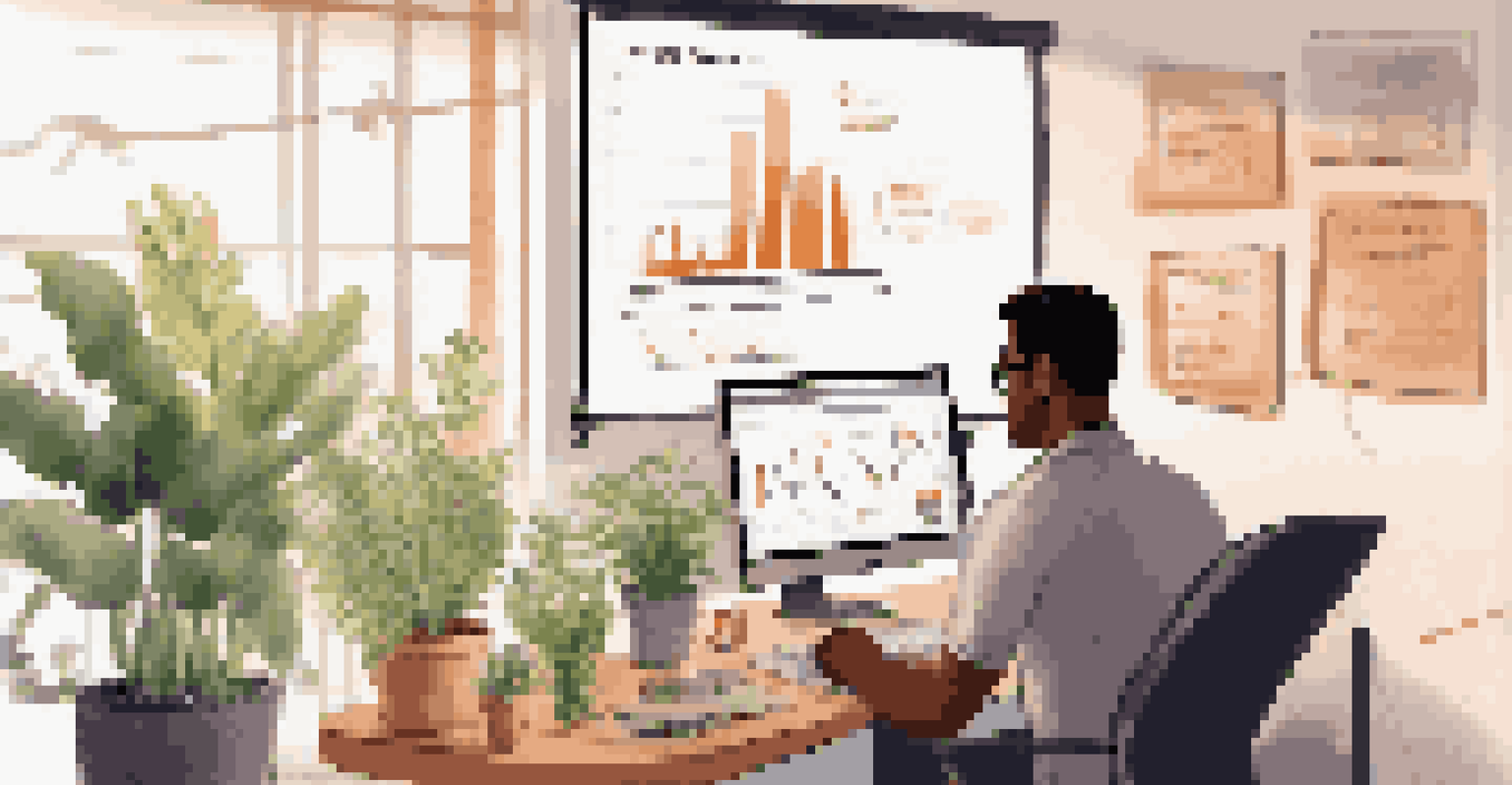 A person in a cozy office reviewing customer feedback on a computer, with plants and warm lighting creating a welcoming atmosphere.