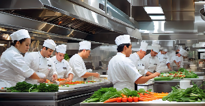 A busy restaurant kitchen with chefs cooking and a digital display showing customer orders.