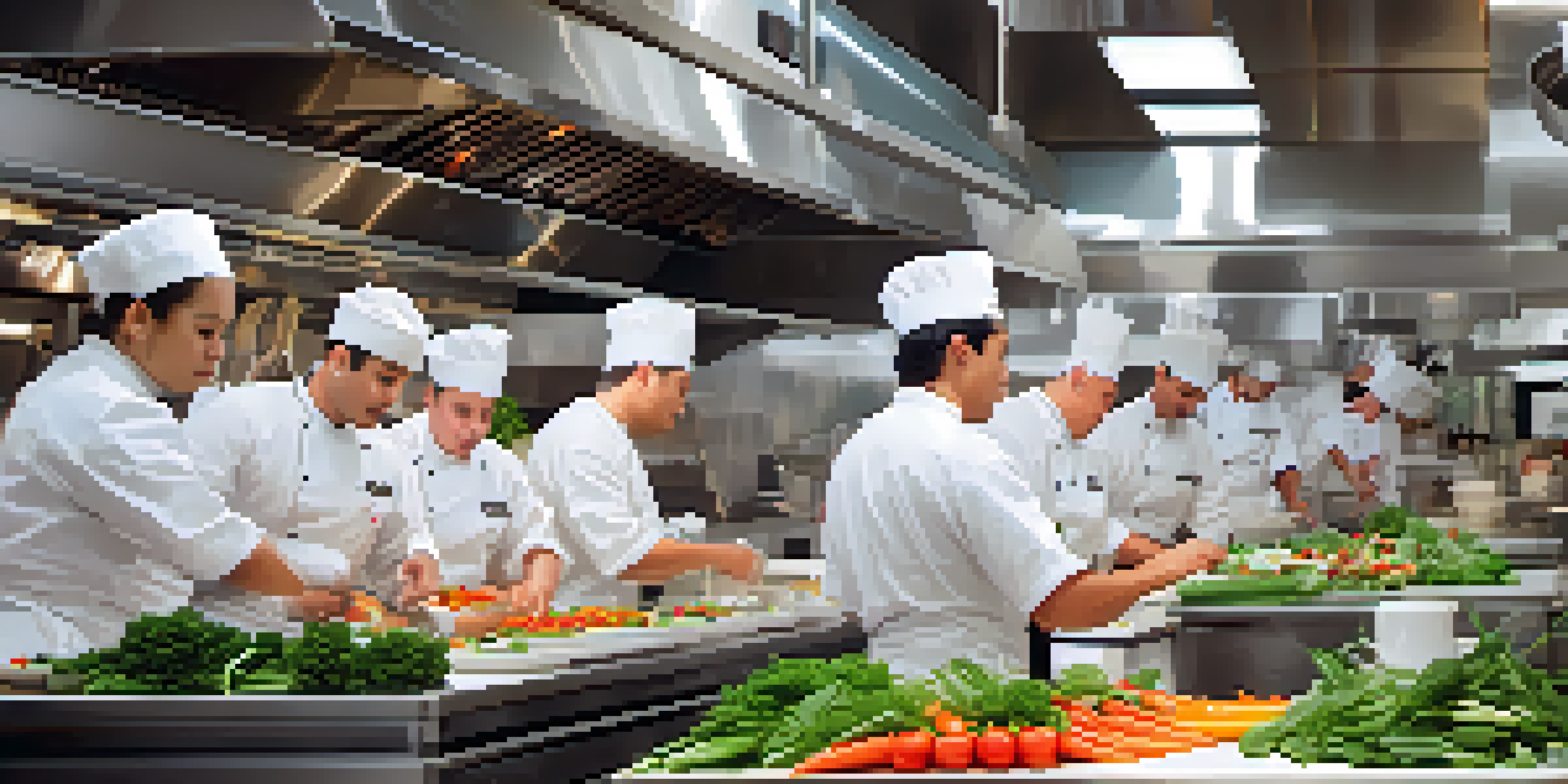 A busy restaurant kitchen with chefs cooking and a digital display showing customer orders.