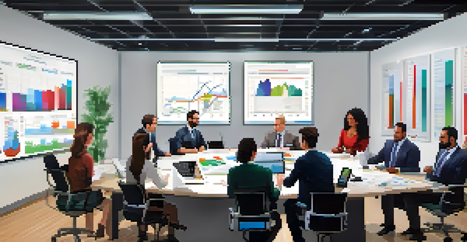 A diverse team in an office discussing strategies around a table with charts on screens.