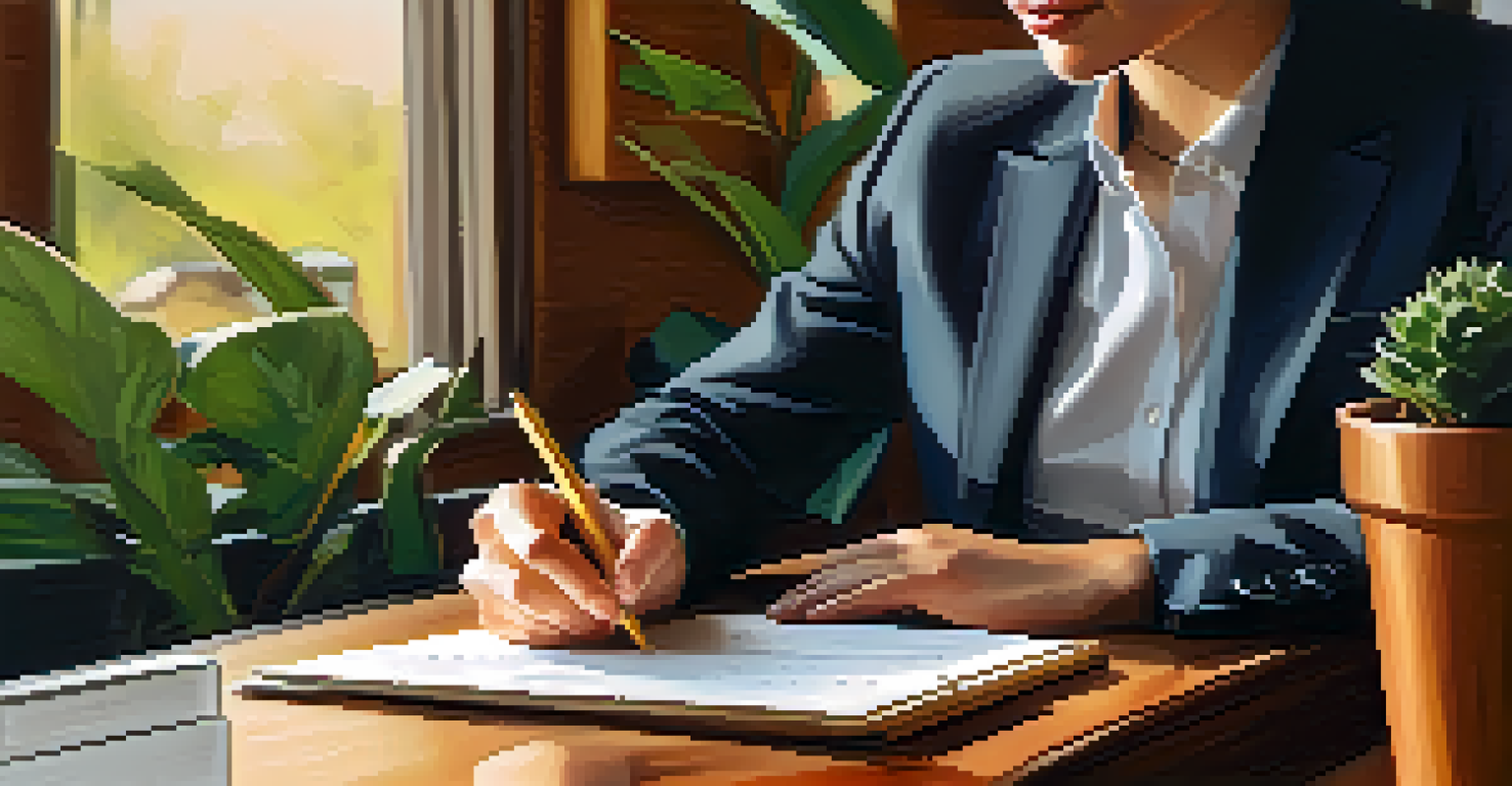 A business professional taking notes for a SWOT analysis in a cozy coffee shop.