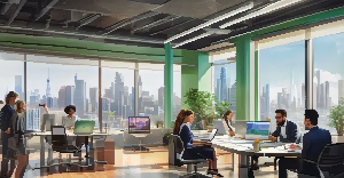 A diverse group of professionals collaborating in a modern office with a city skyline view.