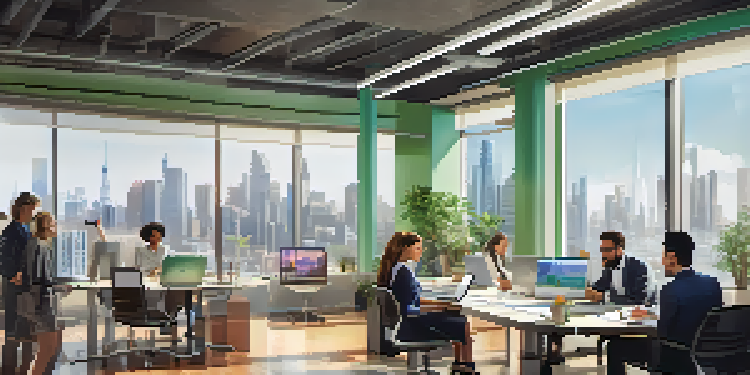 A diverse group of professionals collaborating in a modern office with a city skyline view.