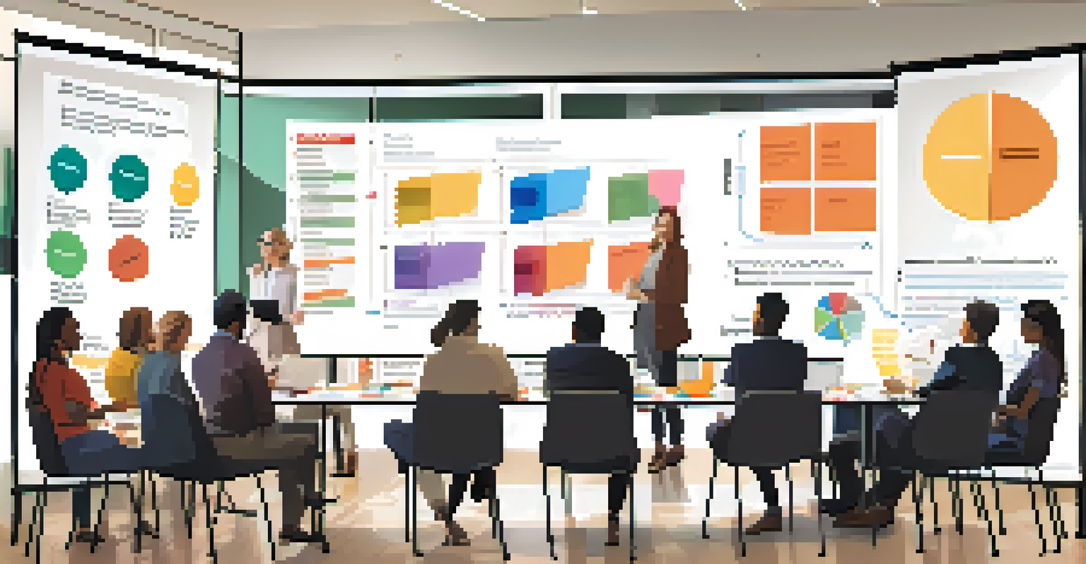 Employees participating in a risk assessment workshop with a large risk matrix on a projector screen and colorful sticky notes on the table.