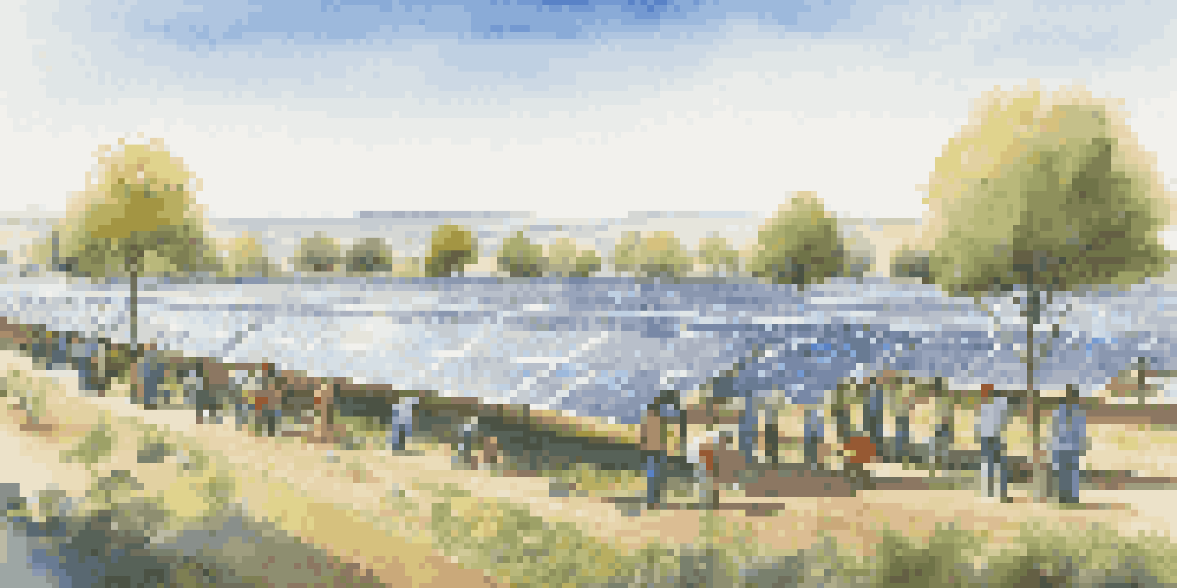 A solar farm with solar panels and a group of diverse people planting trees in a garden, representing community efforts in sustainable energy.