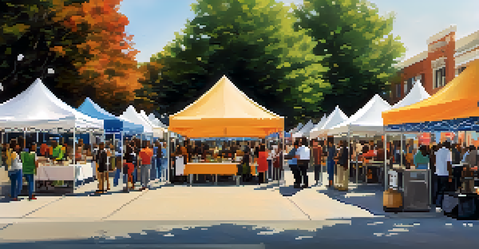 A vibrant outdoor community event promoting supplier diversity with booths from minority-owned businesses, food stalls, and live music under a clear blue sky.