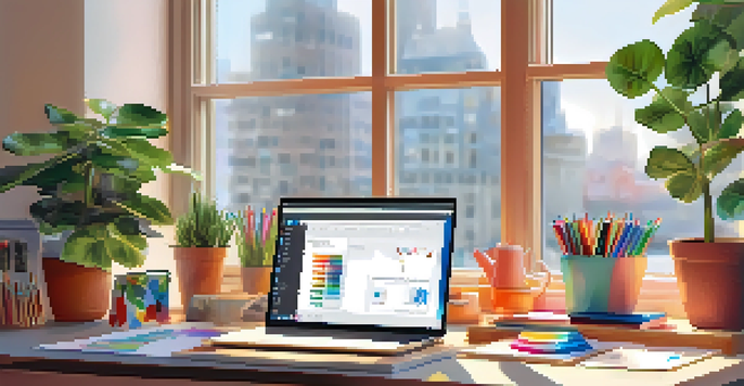 A modern office workspace with a desk, laptop, potted plants, and colorful stationery under natural light.