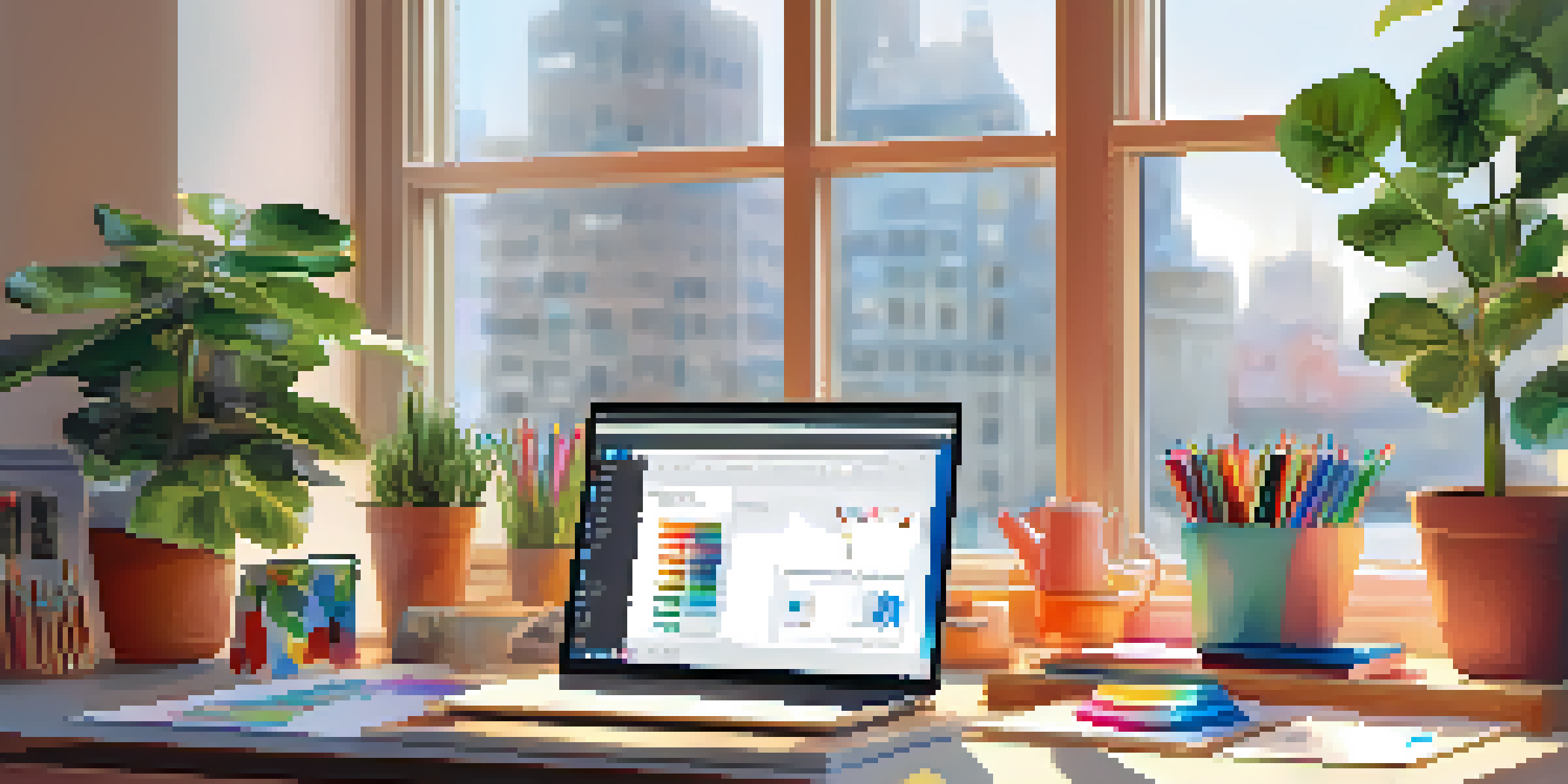 A modern office workspace with a desk, laptop, potted plants, and colorful stationery under natural light.