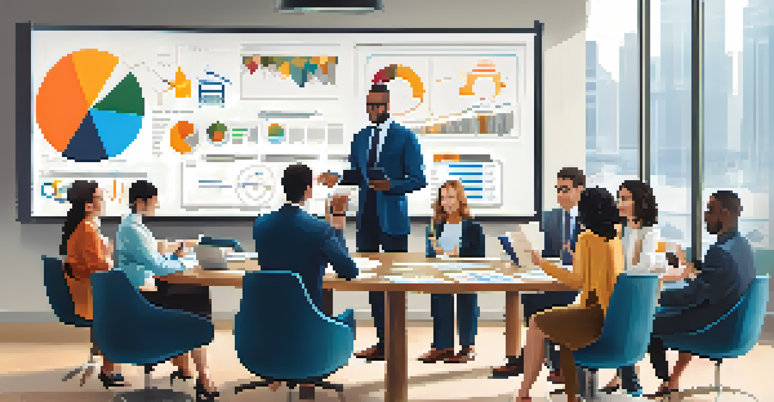 A group of professionals in a meeting room discussing financial strategies with a screen displaying charts and notes on the table.