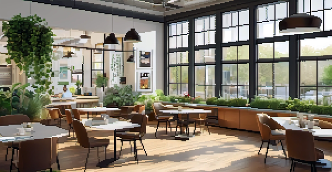 A bright and inviting office space with comfortable seating, plants, and a snack bar, designed for collaboration.