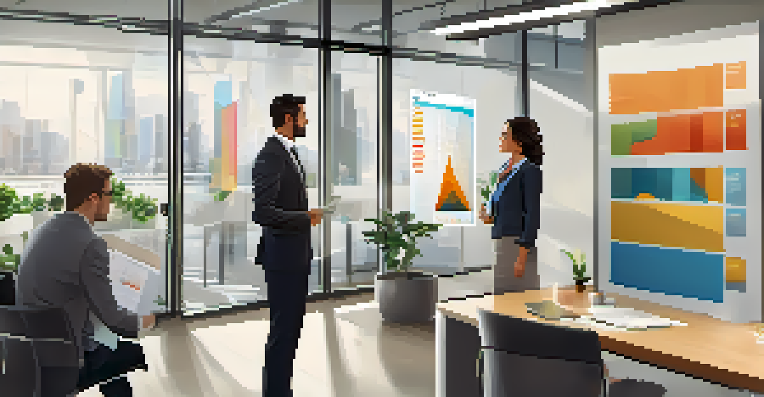 An employee discussing feedback with a manager in a modern office, with charts visible on a screen.