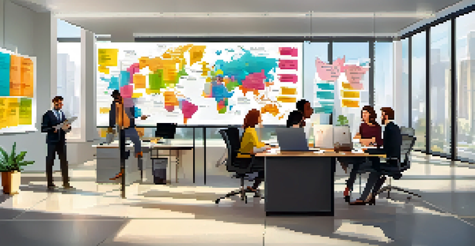 A diverse team discussing a SWOT analysis in a modern office, with a whiteboard filled with colorful notes.