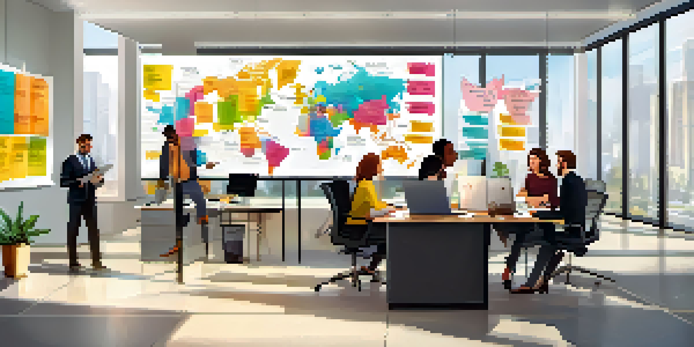 A diverse team discussing a SWOT analysis in a modern office, with a whiteboard filled with colorful notes.