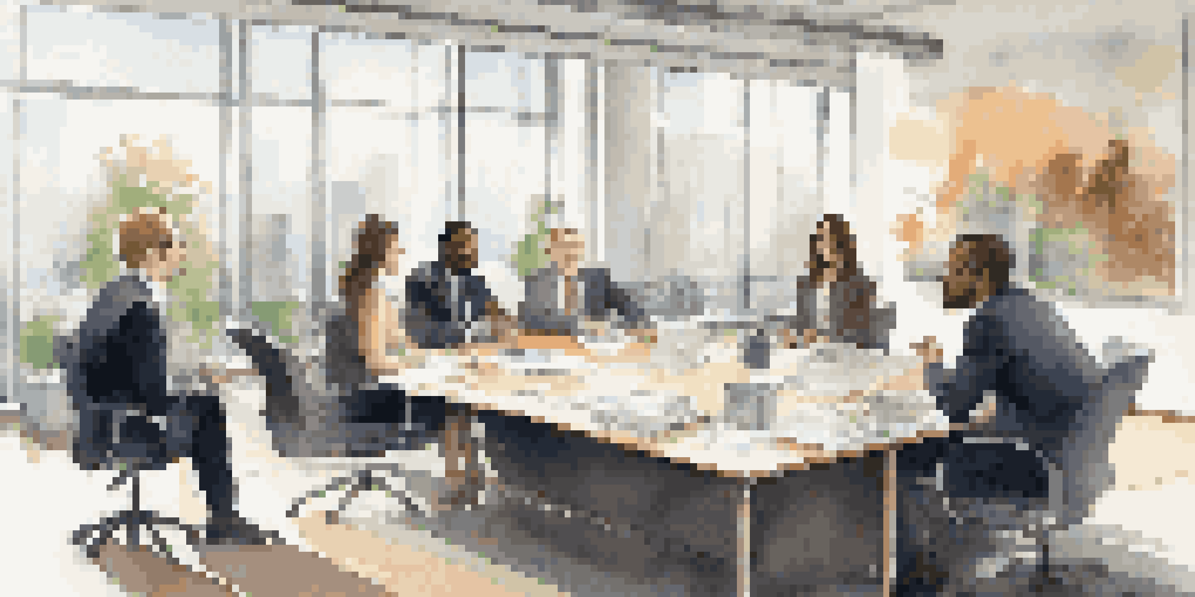 A diverse group of business professionals engaged in a discussion in a bright conference room.