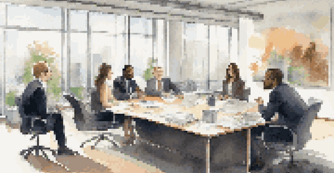 A diverse group of business professionals engaged in a discussion in a bright conference room.