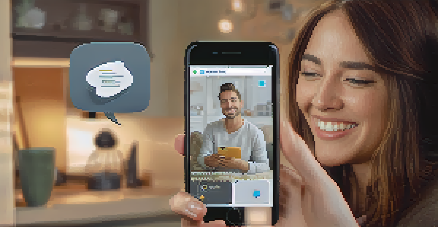 A customer smiling while using a smartphone with a chatbot conversation on the left and browsing products on the right, in a cozy home.