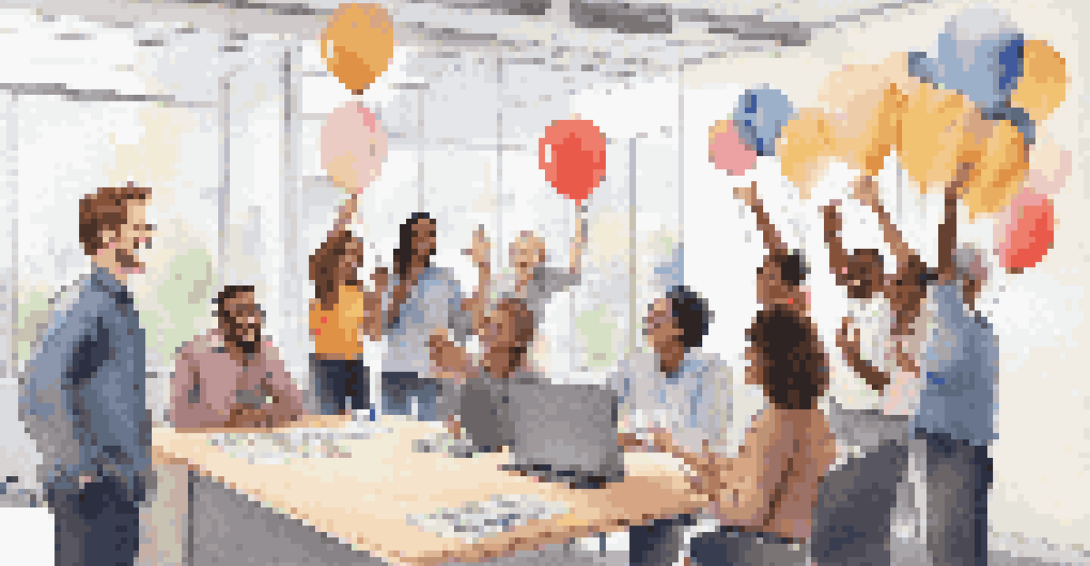 A team celebrating a project success in an office, with balloons and a projector displaying images, capturing a joyful atmosphere.