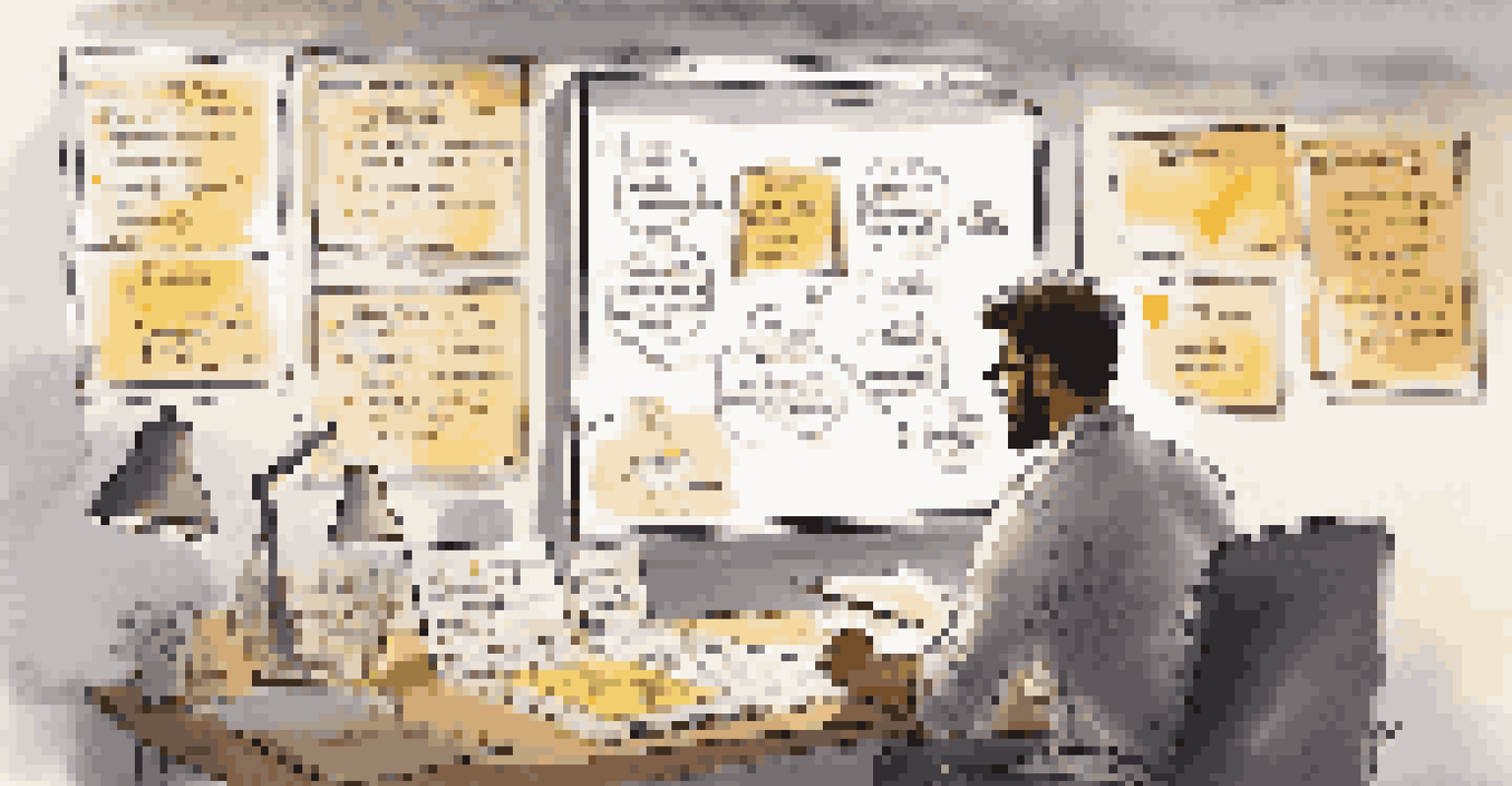 An entrepreneur focused on writing goals on a whiteboard in a cozy office, surrounded by post-it notes and sketches.