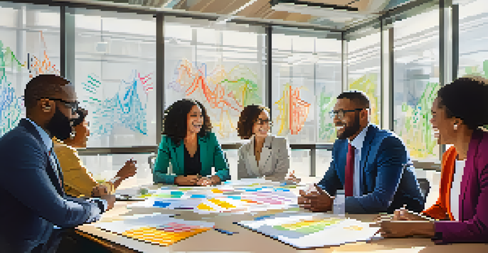 A diverse group of professionals discussing around a conference table with a whiteboard in the background.