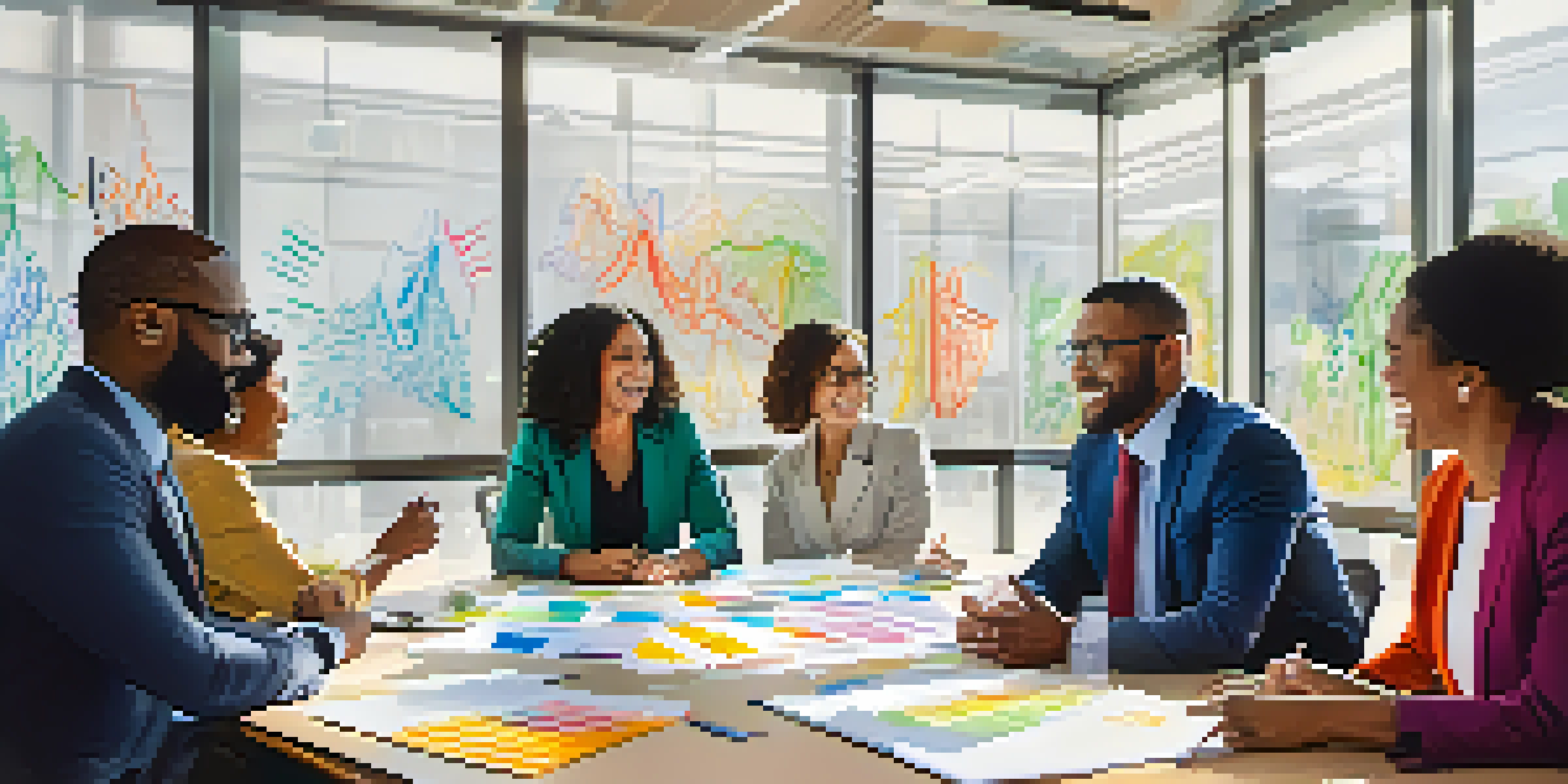 A diverse group of professionals discussing around a conference table with a whiteboard in the background.