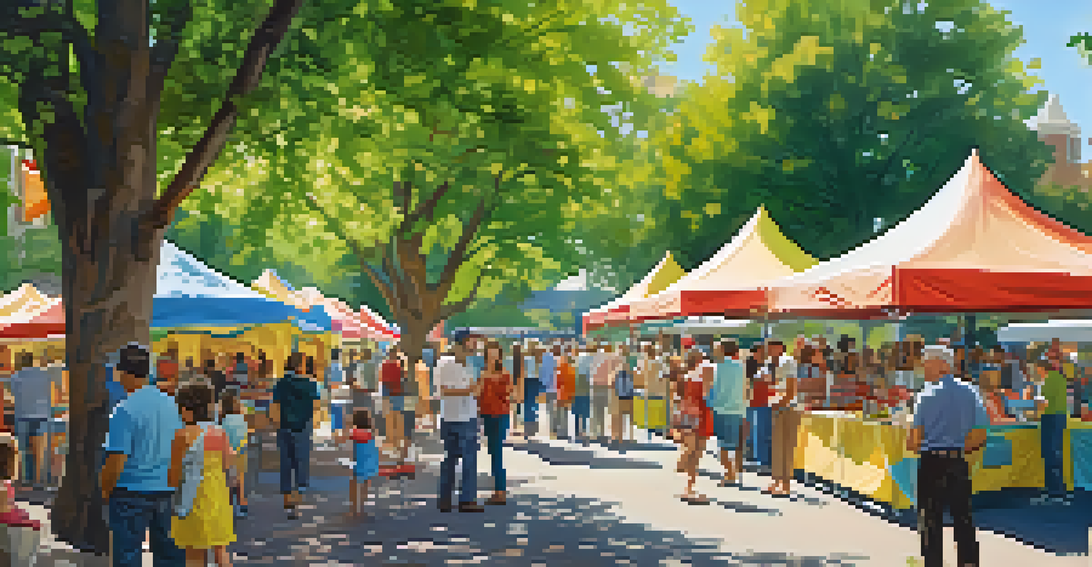 A vibrant outdoor community event with booths and people interacting in a park.