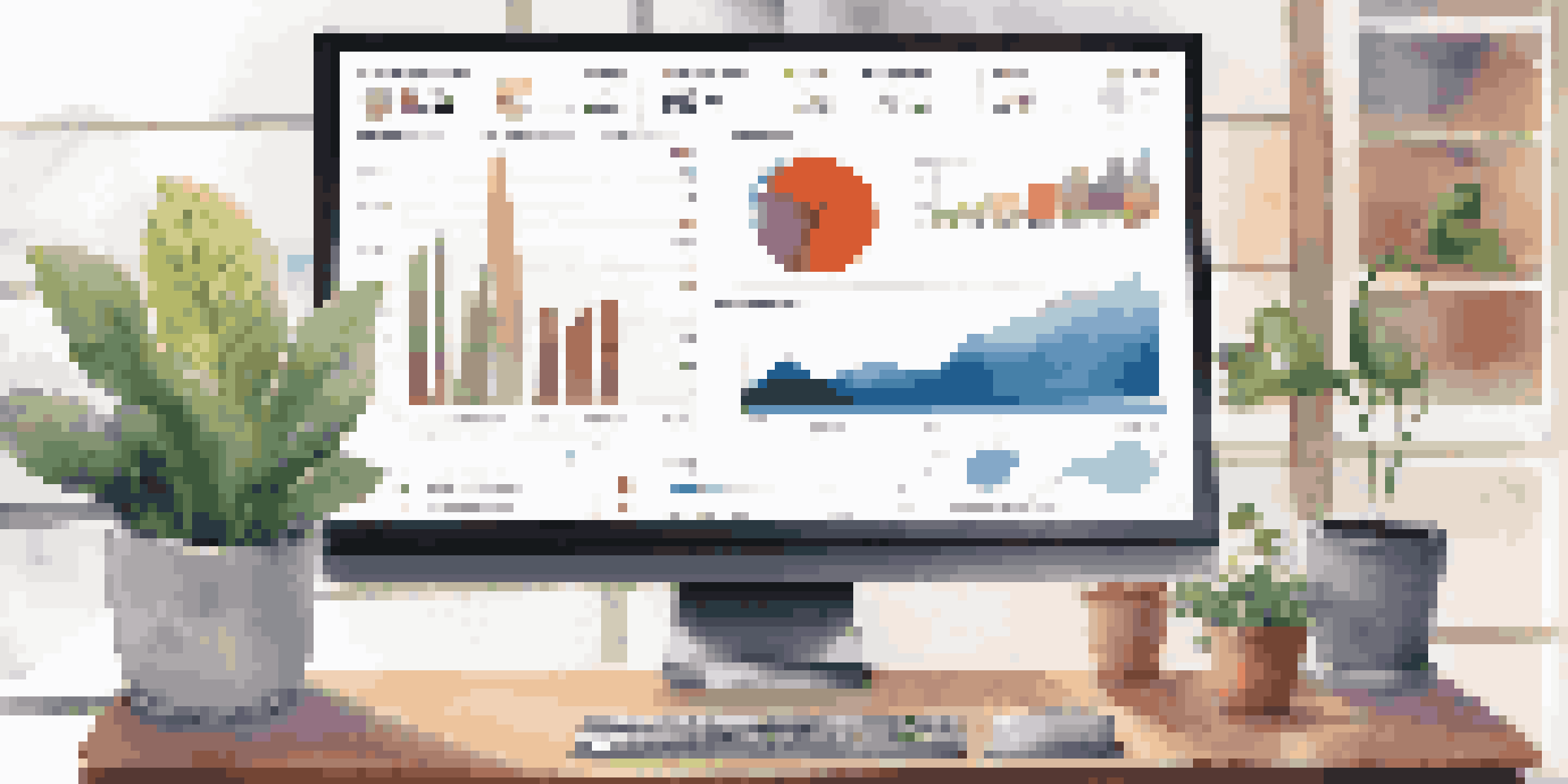 A modern financial dashboard on a computer screen, showcasing colorful graphs and charts in a bright workspace.