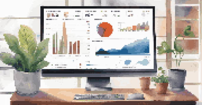 A modern financial dashboard on a computer screen, showcasing colorful graphs and charts in a bright workspace.