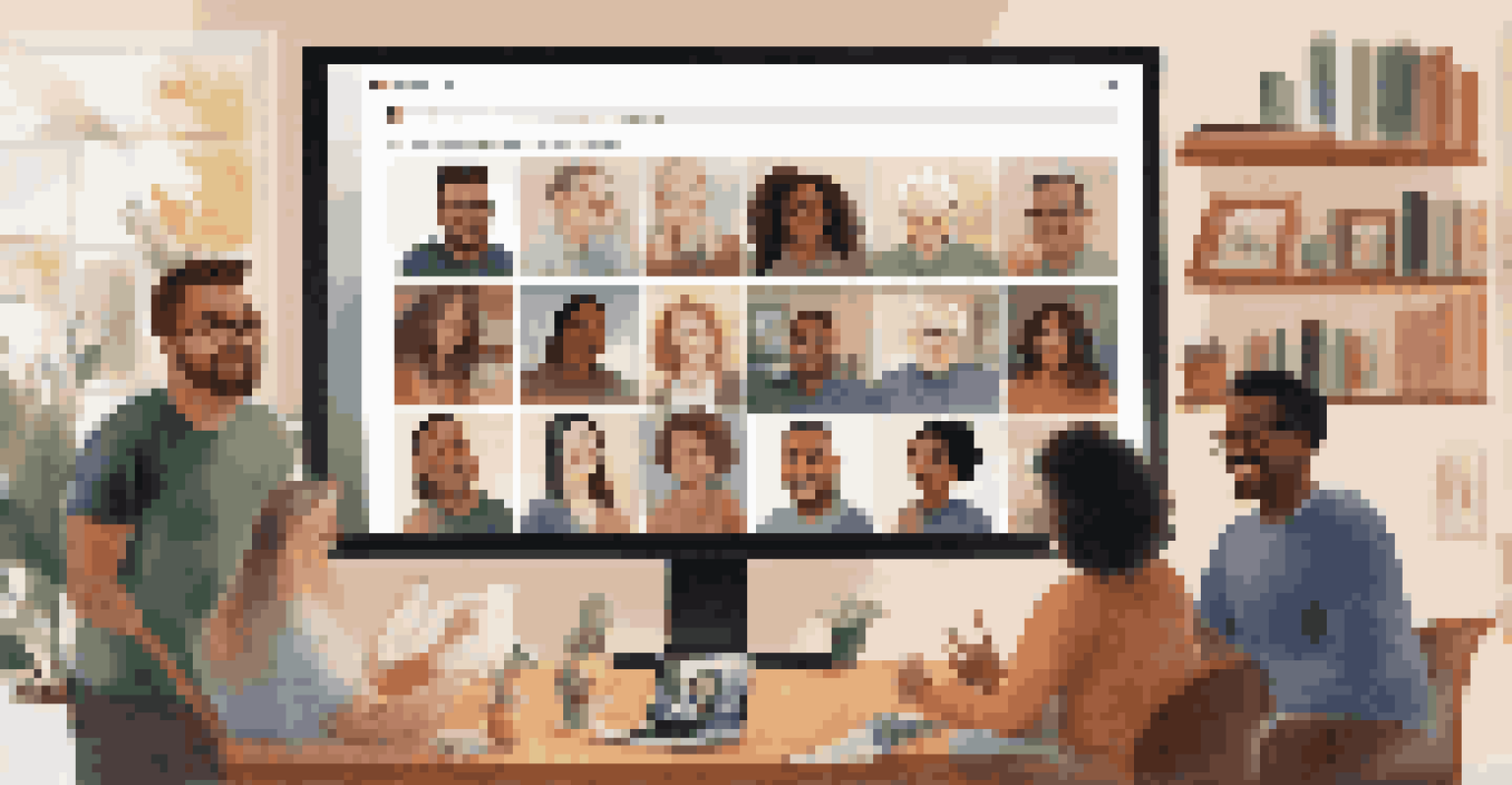 A virtual meeting with diverse team members on a screen, set in a cozy living room environment.