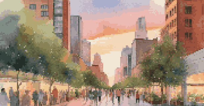 A city skyline at dusk with skyscrapers covered in greenery and a warm sunset sky.