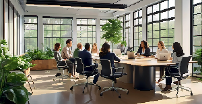 A group of diverse professionals having a discussion in a bright office with large windows and plants, showcasing collaboration.