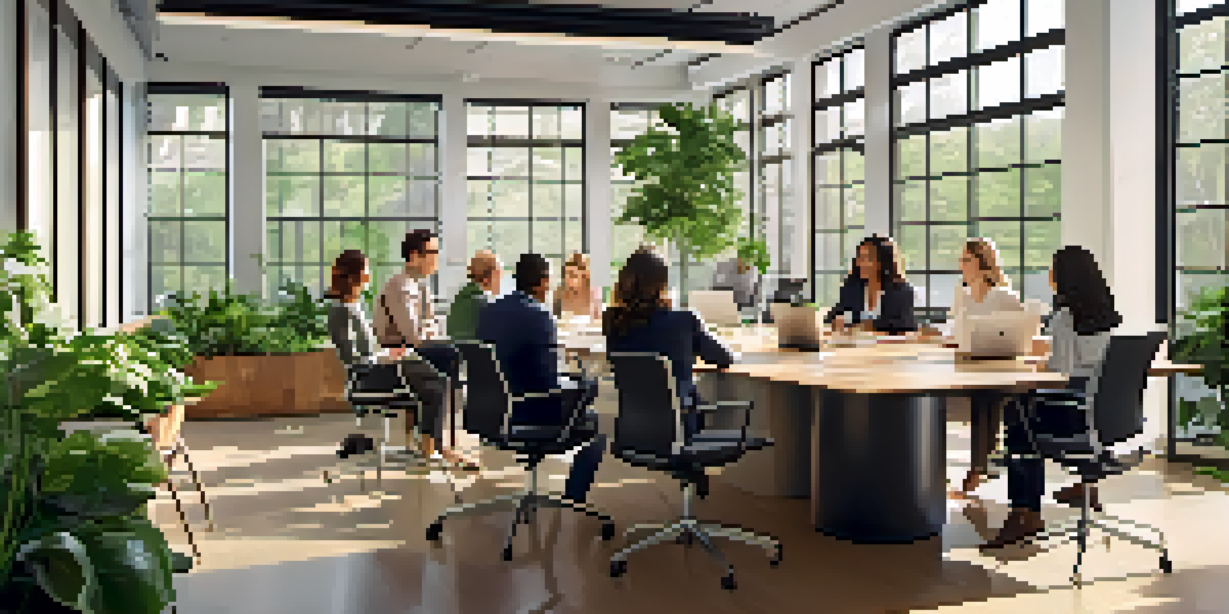 A group of diverse professionals having a discussion in a bright office with large windows and plants, showcasing collaboration.