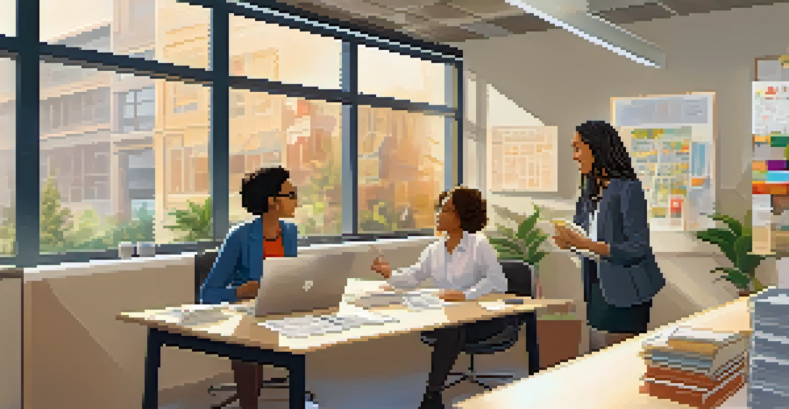 A senior employee mentoring a younger intern in a vibrant office space.