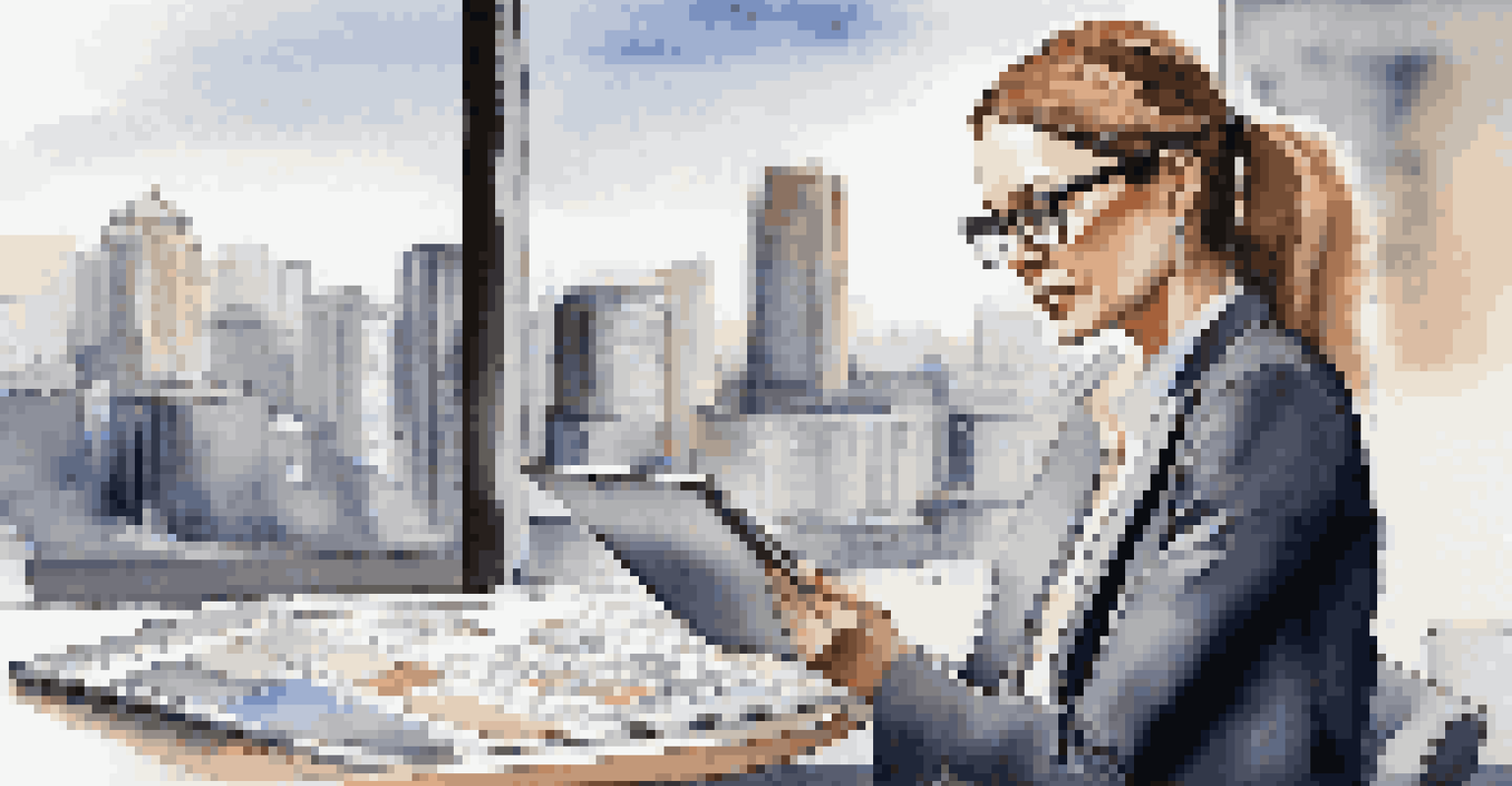 A businesswoman closely examining financial reports on a tablet in a modern office with a city view in the background.