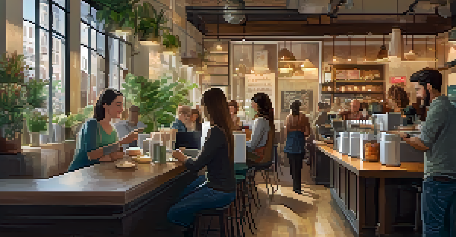 A barista taking feedback from a customer on a tablet in a cozy and lively cafe setting.