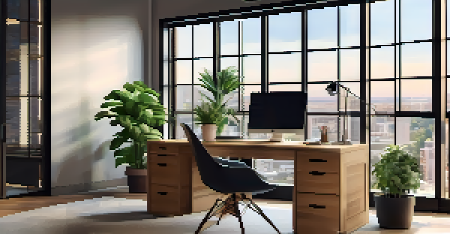 A modern office workspace with a laptop displaying data analytics and a bright, well-lit environment.