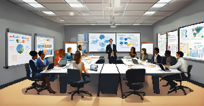 A diverse group of employees engaged in a business continuity planning meeting in a well-lit office, discussing strategies with laptops and charts on the table.