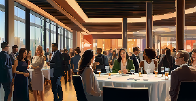 A diverse group of professionals engaging in conversation at a networking event in a modern venue with ambient lighting.