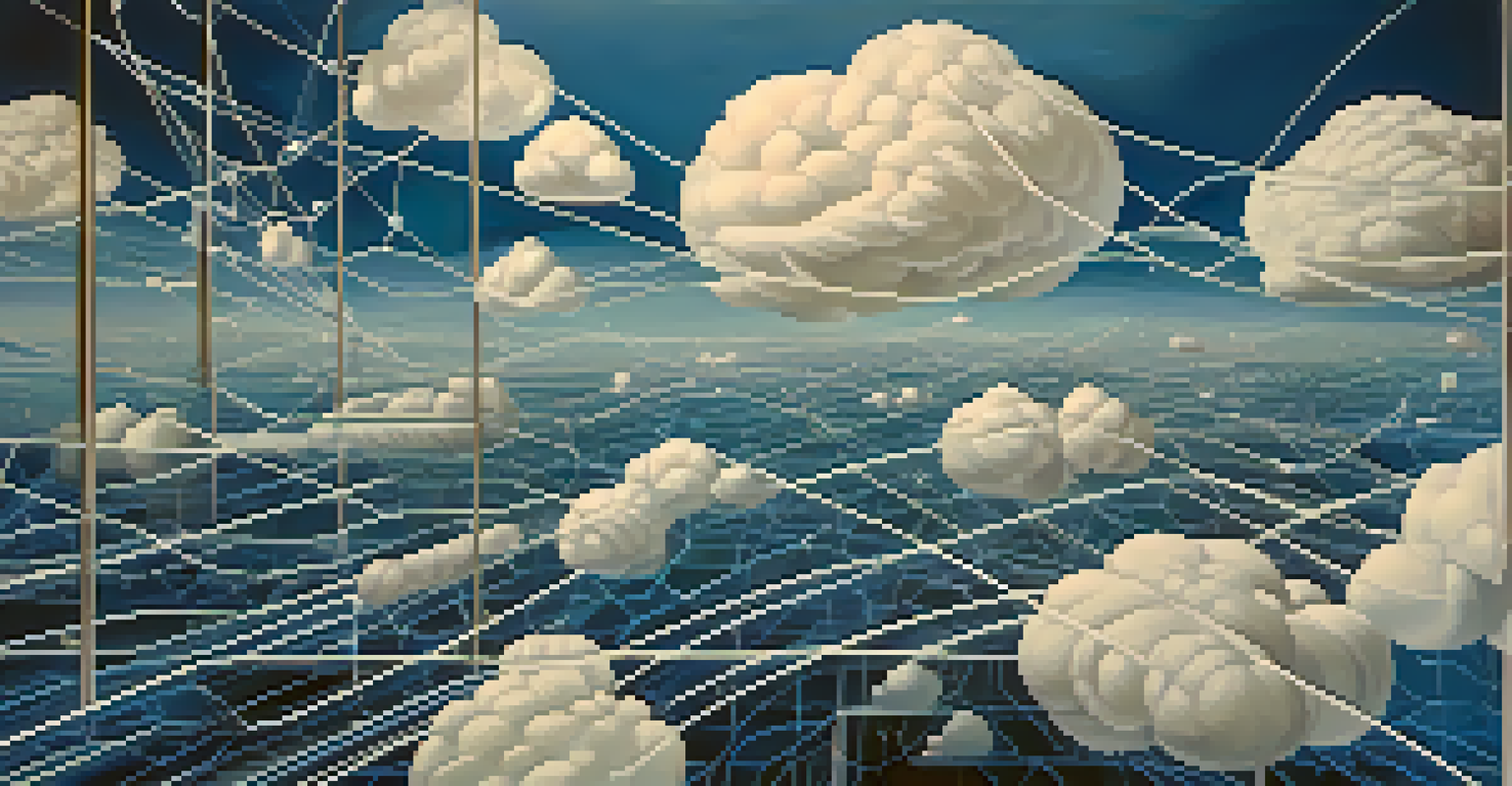 An abstract representation of cloud computing with interconnected nodes and data flow in a digital landscape.