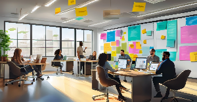 A diverse group of employees collaborating in a bright office space, surrounded by sticky notes and laptops, with natural light shining through large windows.