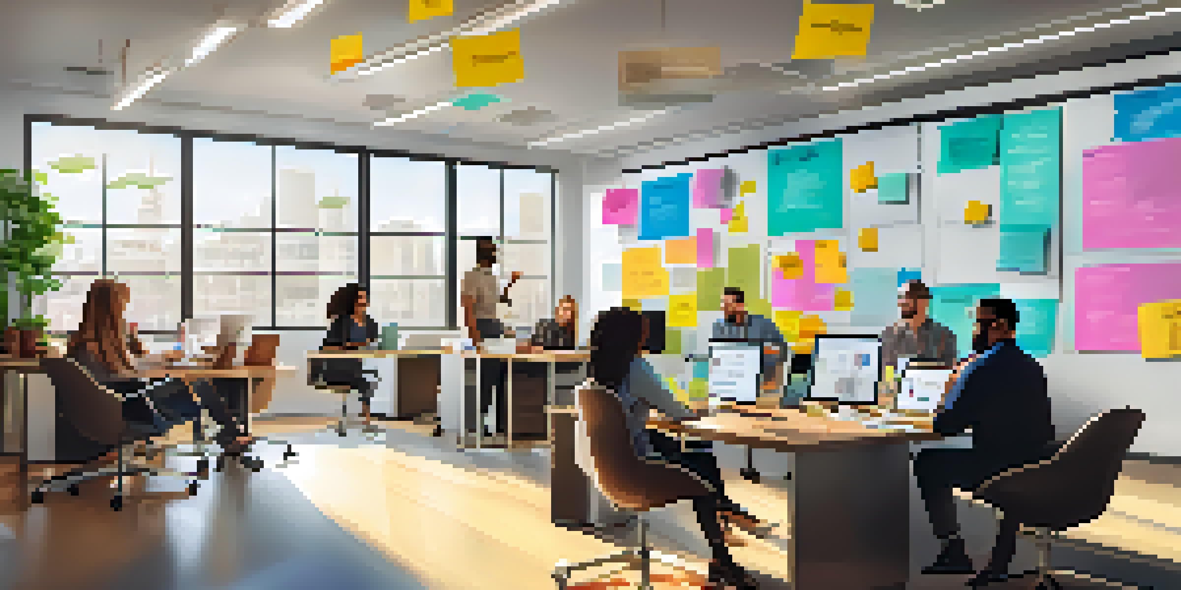 A diverse group of employees collaborating in a bright office space, surrounded by sticky notes and laptops, with natural light shining through large windows.
