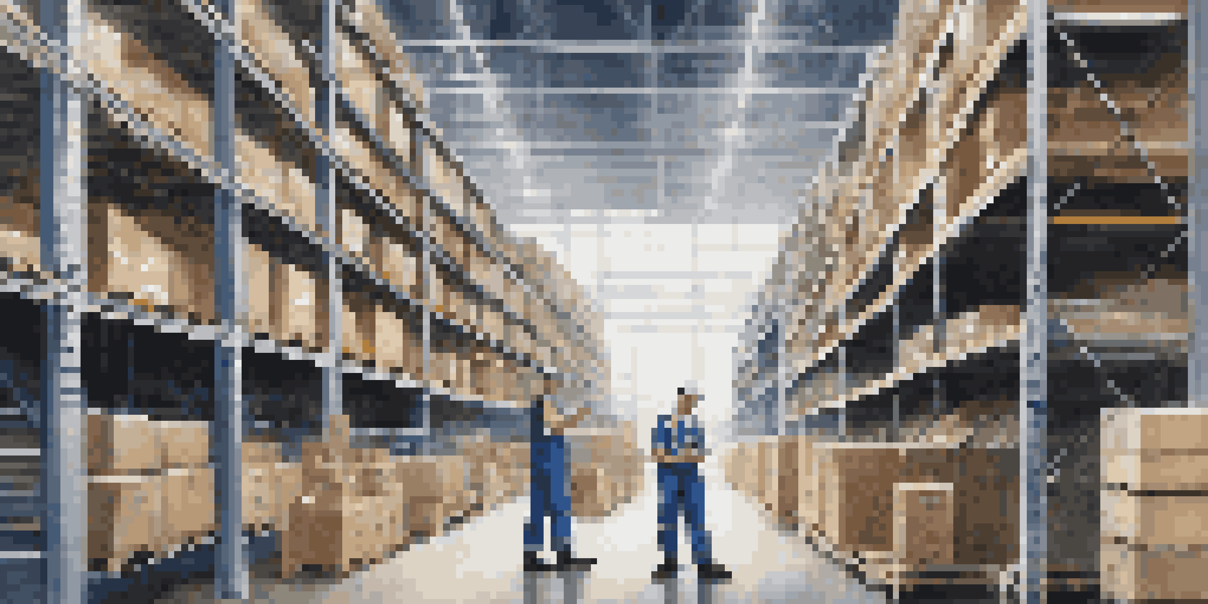 A modern logistics warehouse with organized shelves and workers using handheld devices in a well-lit environment.